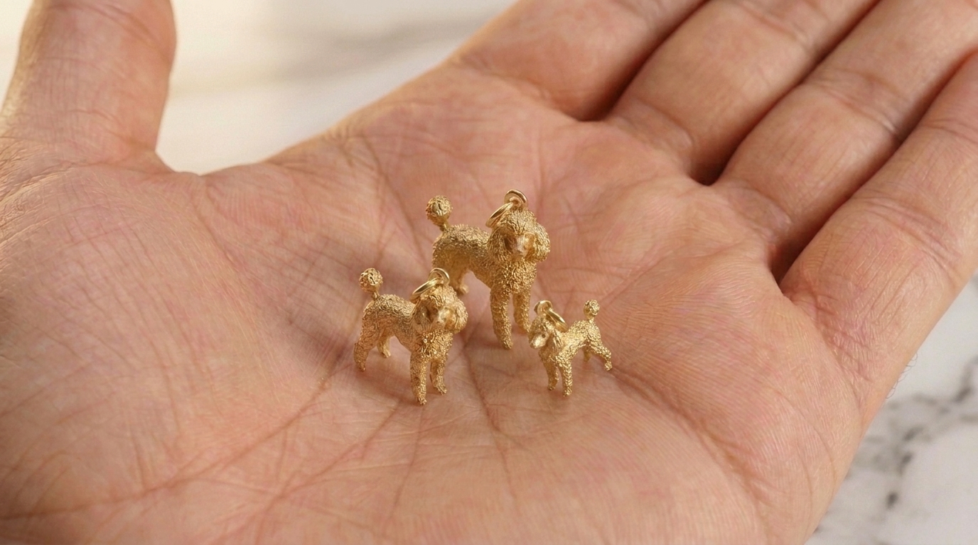 Three gold poodle charms in small, medium and large sizes resting in a hand